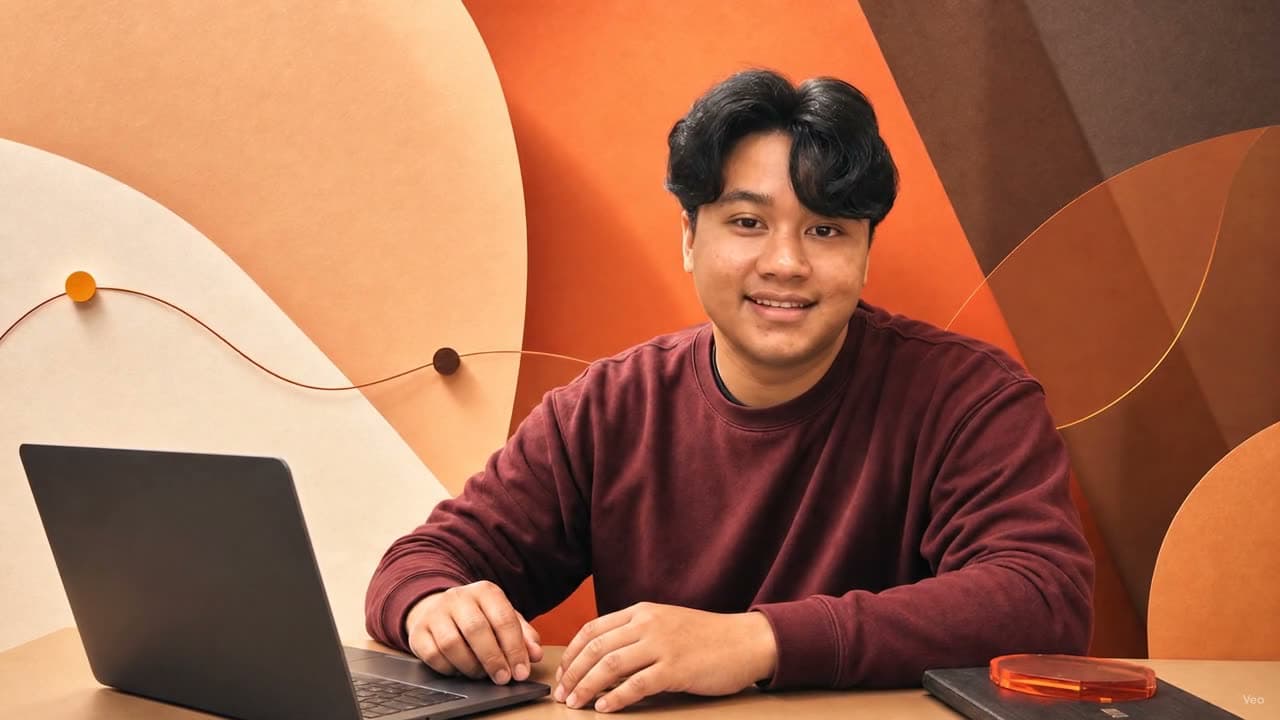 Wildan Syukri Niam welcoming visitors from a warm orange studio desk.