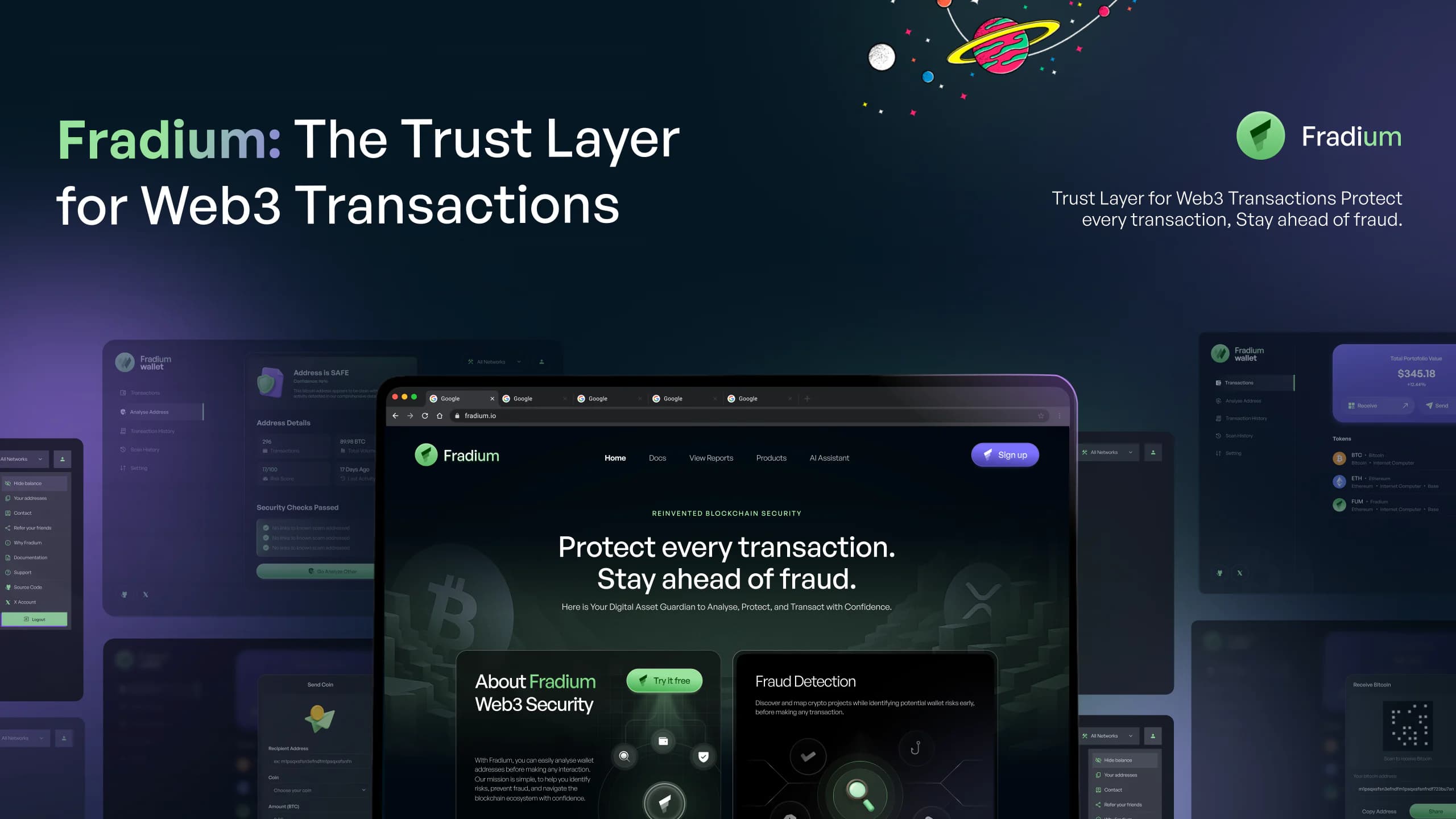 Fradium product cover showing its Web3 transaction trust layer, wallet analysis surfaces, and public website.