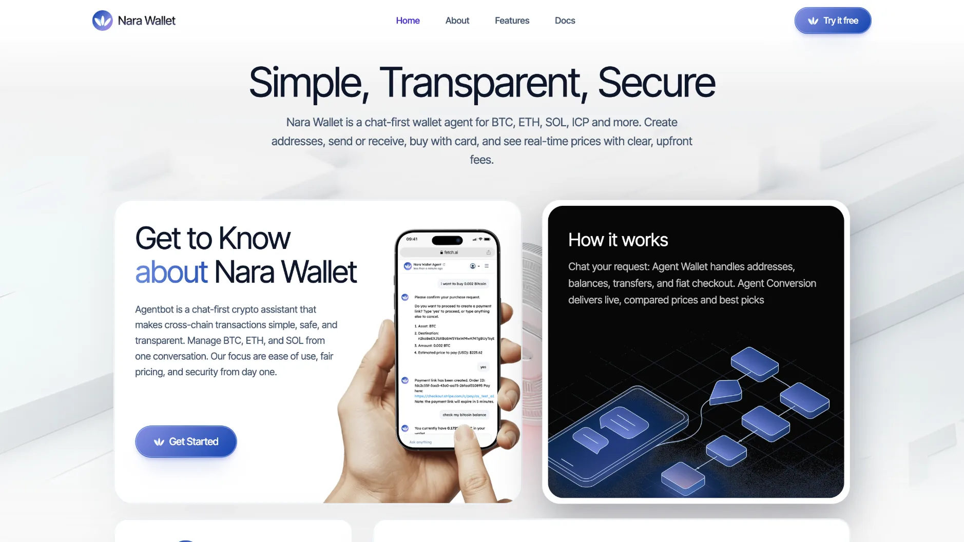 Nara Wallet product page showing its conversational wallet interface and agent-based workflow.