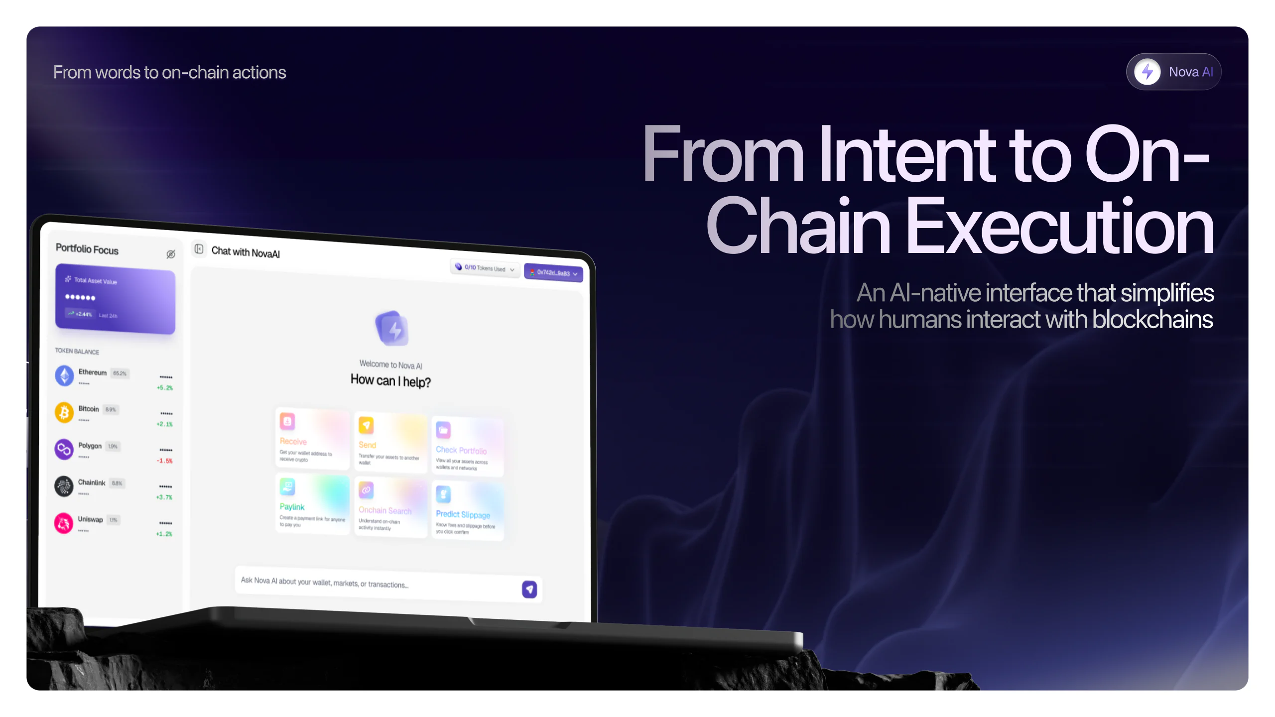 Nova AI Wallet product cover showing its conversational wallet interface and intent-to-on-chain execution concept.