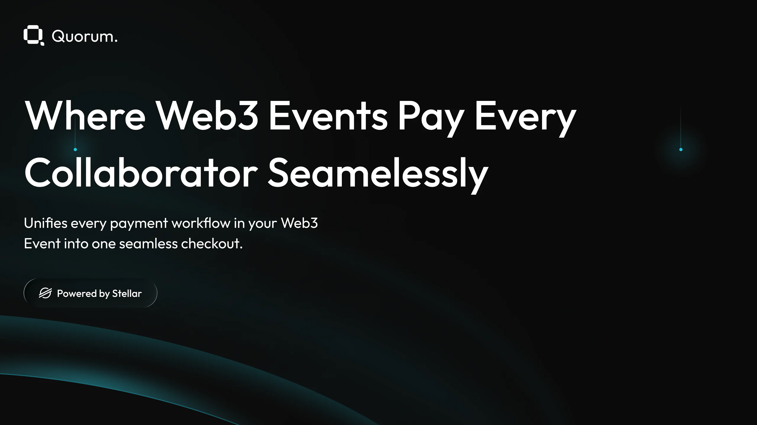Quorum product cover introducing collaborative Web3 event checkout and Stellar-powered payments.